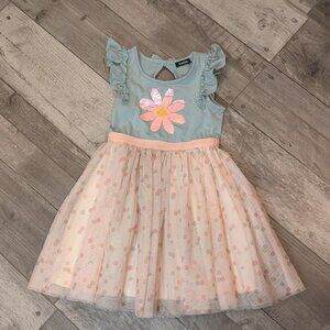 Zunie, Girls Ruffle Sleeveless Tulle Skirt Dress w Sequin Flower, Sz 4 -5